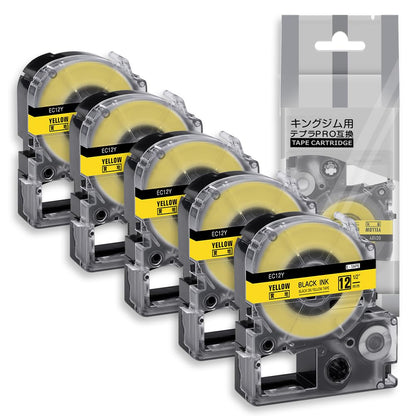 5個 12mm 黄地黒文字 EC12Y テープカートリッジ と互換性のある キングジム Kingjim テプラ Tepra(SC12Y)黄 黒文字 テプラpro ラベルライター用 8m ASprinte