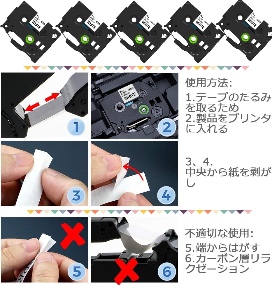 9mm 白地黒文字 ラミネート Pタッチテープカートリッジ TZe-221 TZe221 ラベルライターPT-190 PT-J100 PT-P300BT用 8M 5個セット,ブラザーBrotherと互換性のある ピータッチP-Touch用