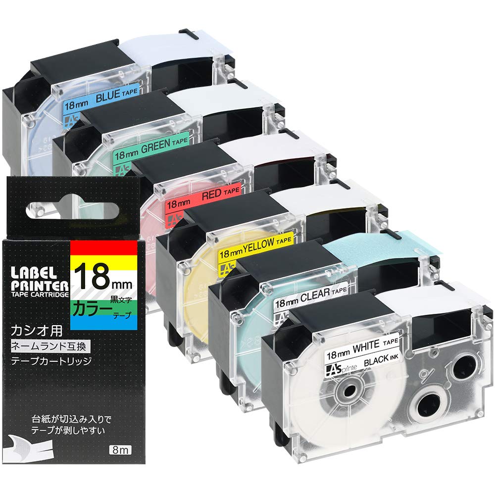 18mm 互換 カシオ ネームランド テープ カートリッジ CASIO NAMELAND XR-18X XR-18WE XR-18RD XR-18BU XR-18YW XR-18GN 黒文字 透明 強粘着 6色の1セット ASprinte