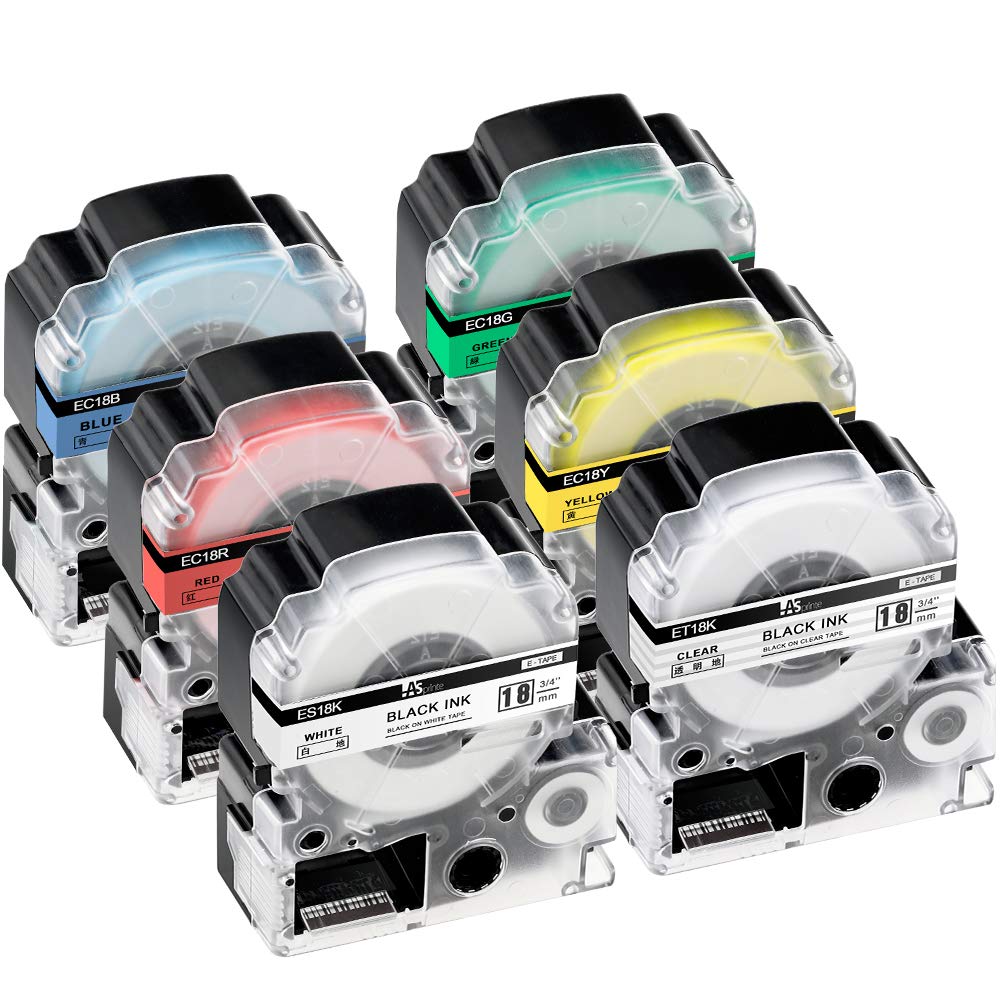 18mm 互換 テプラ テープ テープカートリッジ 白 Tepra 本体 KINGJIM pro SS18K ST18K SC18R SC18Y SC18G SC18B 8M 強粘着 6色の1セット ASprinte