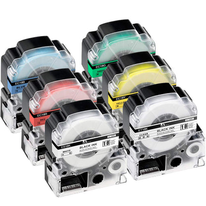 18mm 互換 テプラ テープ テープカートリッジ 白 Tepra 本体 KINGJIM pro SS18K ST18K SC18R SC18Y SC18G SC18B 8M 強粘着 6色の1セット ASprinte