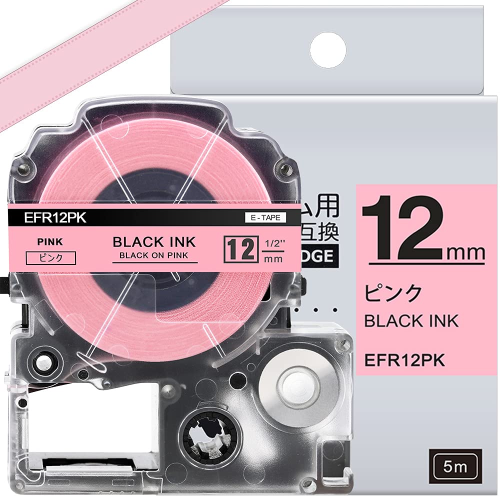 1個 12mm ピンク黒文字りぼんテープ と互換性のあるキングジムKINGJIM テプラTepra用 リボンPROカートリッジ カラーラベル SFR12PK