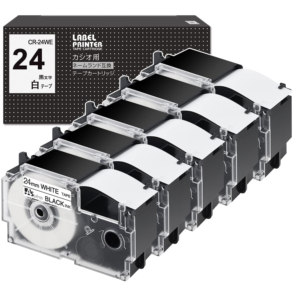24mm 白地黒文字 テープ CR-24WE と互換性のある カシオ ネームランド (XR-24WE) CASIO Name Land テープカートリッジ 24 白色 黒文字 5個セット ASprinte