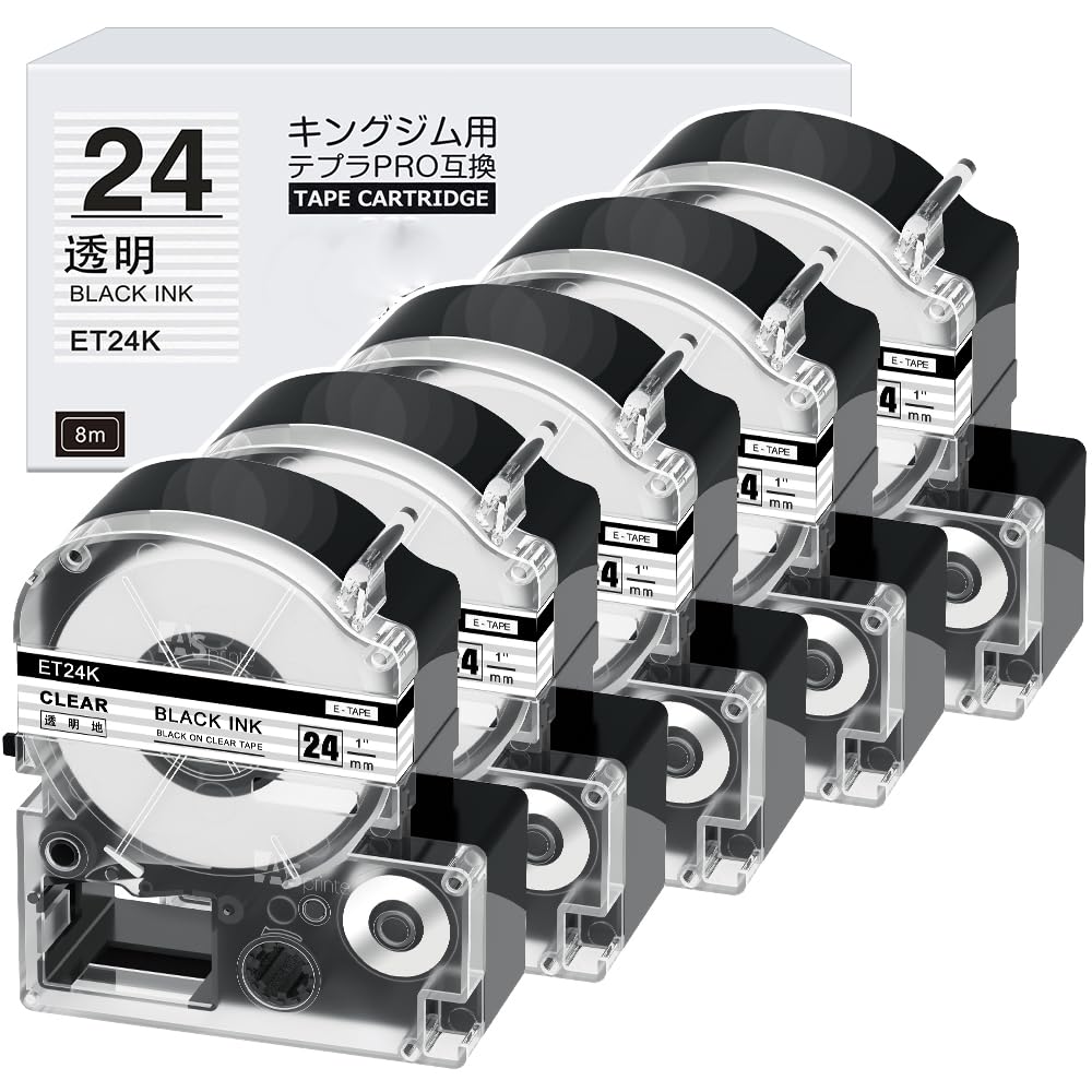 5個 24mm 透明黒文字 ET24K テープカートリッジ と互換性のある キングジム Kingjim テプラ Tepra(ST24K)白 黒文字 テプラpro ラベルライター用 8m ASprinte