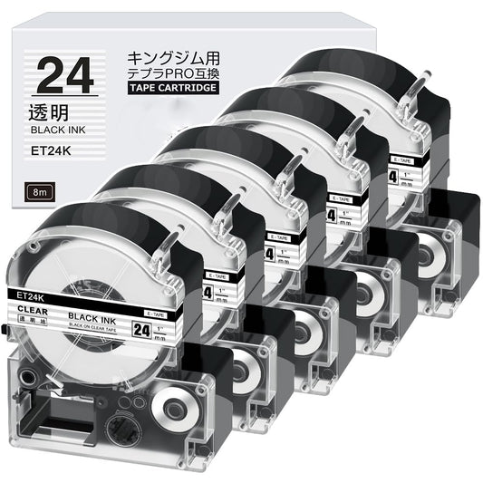 5個 24mm 透明黒文字 ET24K テープカートリッジ と互換性のある キングジム Kingjim テプラ Tepra(ST24K)白 黒文字 テプラpro ラベルライター用 8m ASprinte