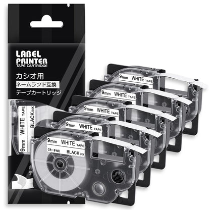 9mm 白地黒文字 CR-9WE と互換性のある カシオ ネームランド テープ (XR-9WE) テープカートリッジ CASIO 黒文字 KL-TF7 KL-P4SET KL-YK50 KL-SY4 5個セット ASprinte