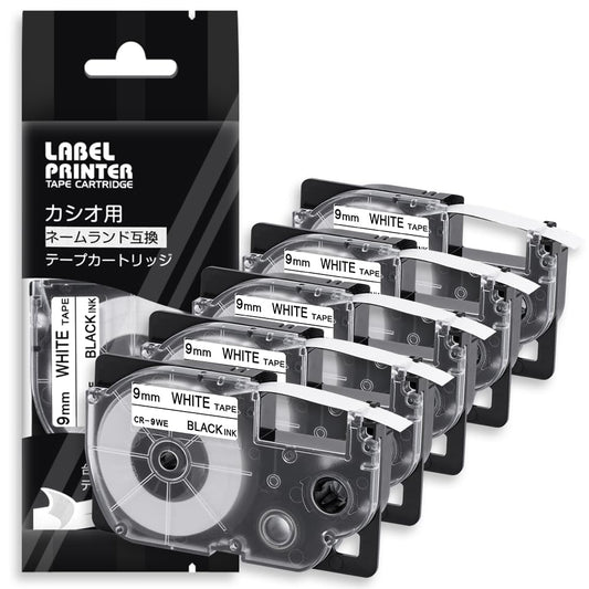 9mm 白地黒文字 CR-9WE と互換性のある カシオ ネームランド テープ (XR-9WE) テープカートリッジ CASIO 黒文字 KL-TF7 KL-P4SET KL-YK50 KL-SY4 5個セット ASprinte