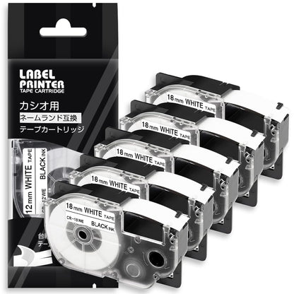 18mm 白地黒文字 CR-18WE と互換性のある ネームランド テープ カシオ カートリッジ (XR-18WE) CASIO 白 黒文字 ラベルライター用 5個セット ASprinte