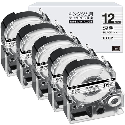 5個 12mm 透明黒文字 ET12K テープカートリッジ と互換性のある キングジム Kingjim テプラ Tepra(ST12K)透明 黒文字 テプラpro ラベルライター用 SR370 SR-MK1など 8m ASprinte