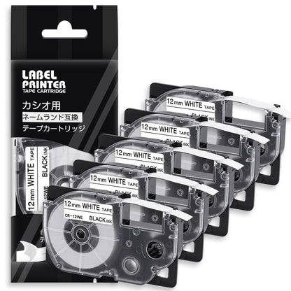 12mm 白地黒文字 CR-12WE テープカートリッジ と互換性のある カシオ CASIO ネームランド テープ 12 (XR-12WE) 白 黒文字 5個セット ASprinte