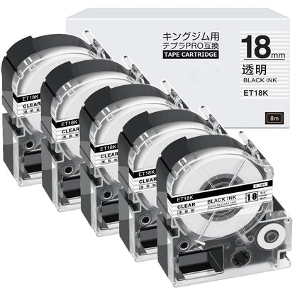 5個 18mm 透明黒文字 ET18K テープカートリッジ と互換性のある キングジム Kingjim テプラ Tepra(ST18K)透明 黒文字 テプラpro ラベルライター用 SR370 SR-MK1など 8m ASprinte
