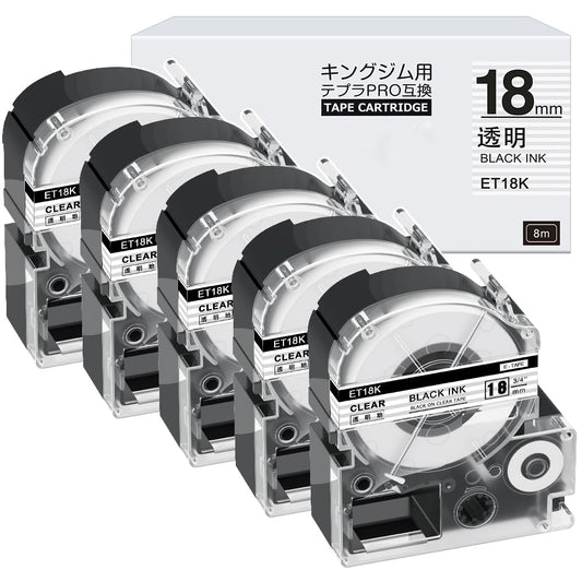 5個 18mm 透明黒文字 ET18K テープカートリッジ と互換性のある キングジム Kingjim テプラ Tepra(ST18K)透明 黒文字 テプラpro ラベルライター用 SR370 SR-MK1など 8m ASprinte