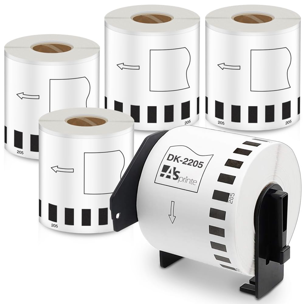 長尺紙テープ(大) 62mmx30.48m DK-2205 DK 2205 感熱ステッカー紙 プレカットなし ラベルプリンター QL-800 QL-820NWB QL-700 QL-550 QL-720NW QL-650TD 5ロールセット,ブラザーBrotherと互換性のある DKラベル 合計152.4メートル