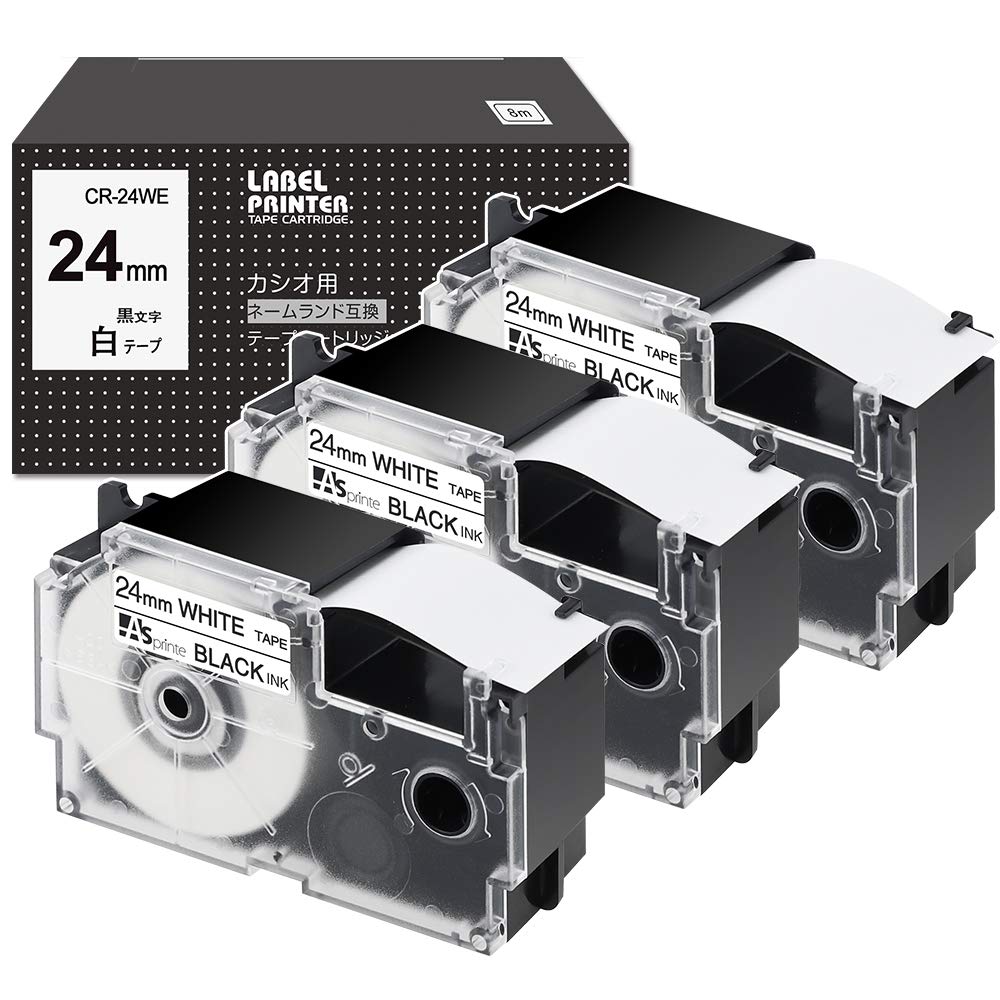 24mm 白地黒文字 テープ CR-24WE と互換性のある カシオ ネームランド (XR-24WE) CASIO Name Land テープカートリッジ 24 白色 黒文字 3個セット ASprinte