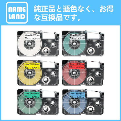 18mm 互換 カシオ ネームランド テープ カートリッジ CASIO NAMELAND XR-18X XR-18WE XR-18RD XR-18BU XR-18YW XR-18GN 黒文字 透明 強粘着 6色の1セット ASprinte