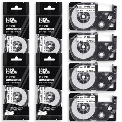 6mm 9mm 12mm 18mm 互換 白テープ カシオ ネームランド 黒文字 カートリッジ XR-6WE XR-9WE XR-12WE XR-18WE 各1個 白 4個セット