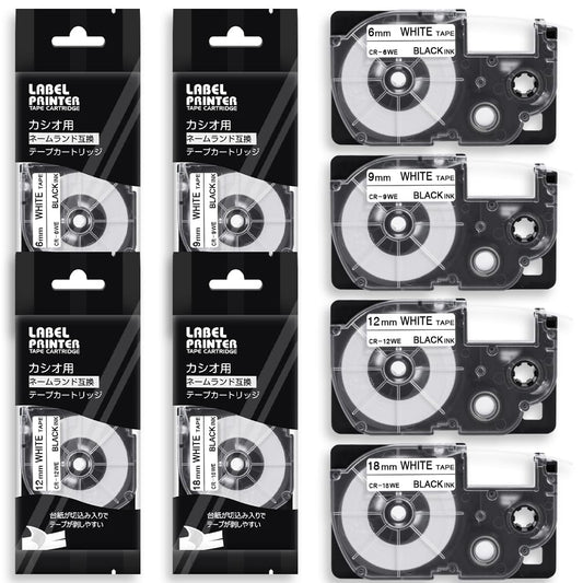 6mm 9mm 12mm 18mm 互換 白テープ カシオ ネームランド 黒文字 カートリッジ XR-6WE XR-9WE XR-12WE XR-18WE 各1個 白 4個セット