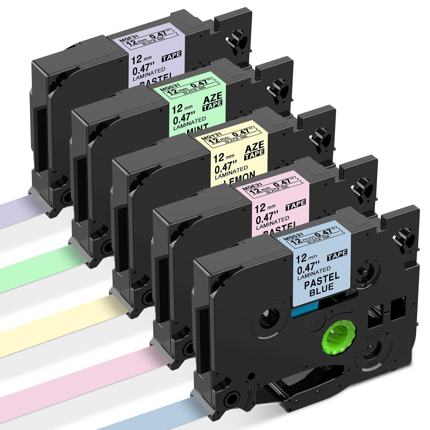 12mm ガーリー マットラミネートテープ ブラザーBrotherと互換性のある ピータッチP-Touch用 TZeテープ ベビーピンク ミルキーブルー ミントグリーン ラベンダーレ モンイエロー 5色の1セット ASprinte