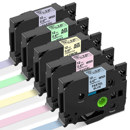 12mm ガーリー マットラミネートテープ ブラザーBrotherと互換性のある ピータッチP-Touch用 TZeテープ ベビーピンク ミルキーブルー ミントグリーン ラベンダーレ モンイエロー 5色の1セット ASprinte