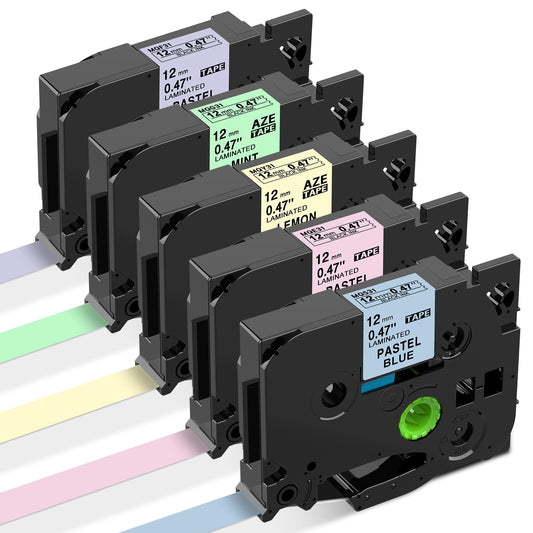 12mm ガーリー マットラミネートテープ ブラザーBrotherと互換性のある ピータッチP-Touch用 TZeテープ ベビーピンク ミルキーブルー ミントグリーン ラベンダーレ モンイエロー 5色の1セット ASprinte