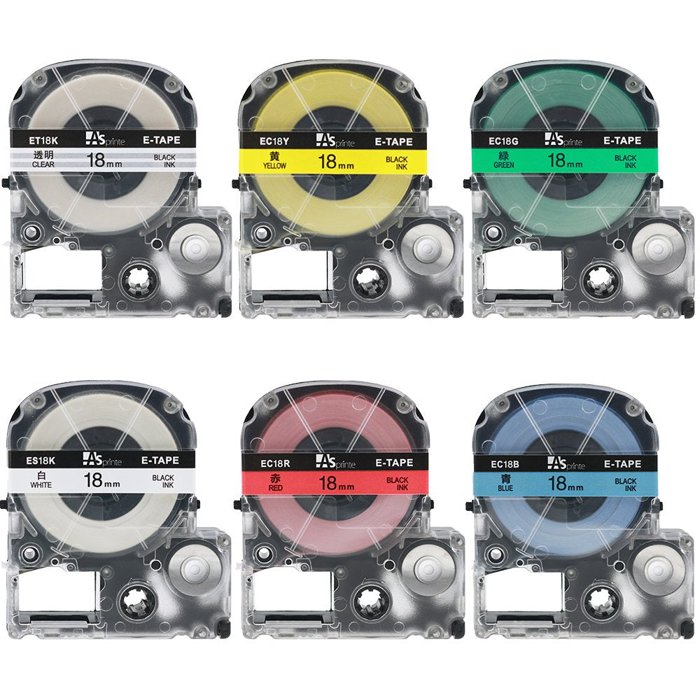 18mm 互換 テプラ テープ テープカートリッジ 白 Tepra 本体 KINGJIM pro SS18K ST18K SC18R SC18Y SC18G SC18B 8M 強粘着 6色の1セット ASprinte