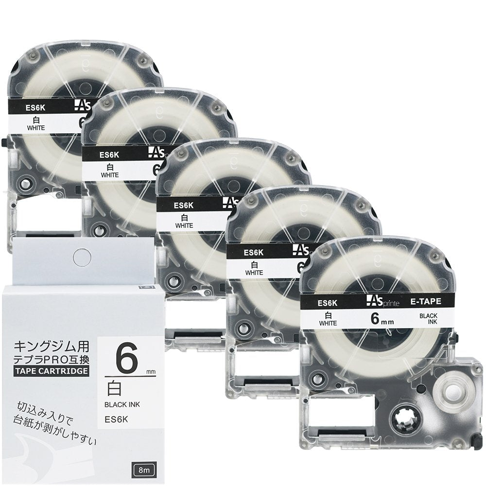 テプラ 6mm テープ カートリッジ 白 Tepra SS6K キングジム Kingjim 互換 PRO 黒文字 8m ラベルライター SR150 SR750用 強粘着 (SS6KW) 5個セット ASprinte