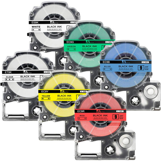 9mm 互換 テープカートリッジ 白 Kingjim tepra pro SS9K ST9K SC9R SC9Y SC9G SC9B 8M 強粘着 sr550 sr5900p 6色の1セット ASprinte