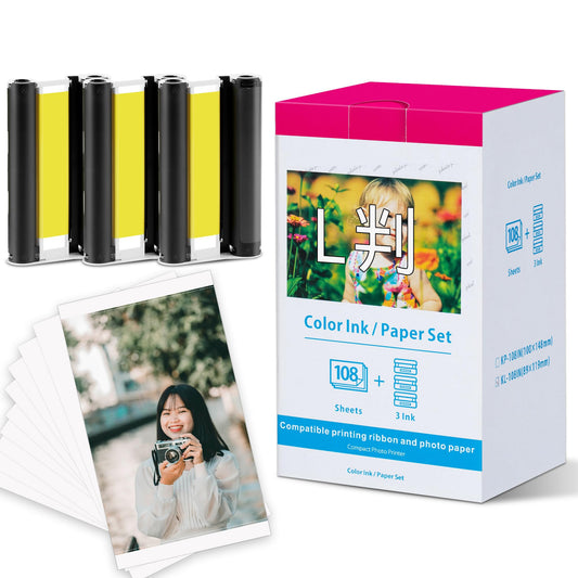 108枚 L判 写真用紙 キャノン セルフィー用 KL-36IP 3PACK カラーインク/ペーパ KL-108IN 光沢紙 と互換性のある canon SELPHY CP1500 CP1300 CP1200 フォトプリンター