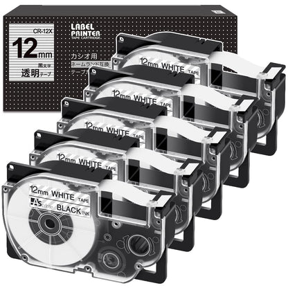 12mm 透明黒文字 CR-12X テープカートリッジ と互換性のある カシオ CASIO ネームランド テープ 12 (XR-12X) 透明 黒文字 5個セット ASprinte