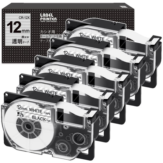 12mm 透明黒文字 CR-12X テープカートリッジ と互換性のある カシオ CASIO ネームランド テープ 12 (XR-12X) 透明 黒文字 5個セット ASprinte
