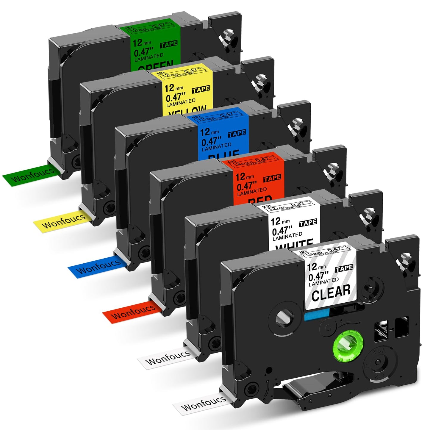 12mm 白透明赤黄靑緑 黒文字 ラミネートテープカートリッジ cubeキューブ用 TZe-131 TZe-231 TZe-431 TZe-531 TZe-631 TZe-731 6色の1セット,ブラザーBrotherと互換性のある ピータッチP-Touch用