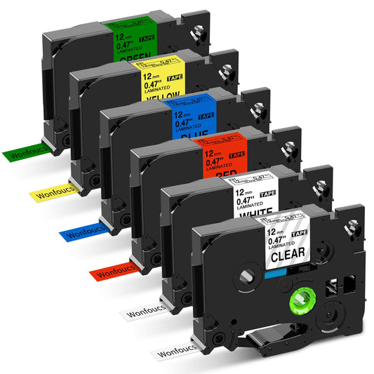 12mm 白透明赤黄靑緑 黒文字 ラミネートテープカートリッジ cubeキューブ用 TZe-131 TZe-231 TZe-431 TZe-531 TZe-631 TZe-731 6色の1セット,ブラザーBrotherと互換性のある ピータッチP-Touch用