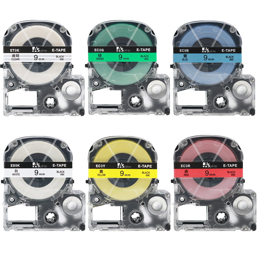 9mm 互換 テープカートリッジ 白 Kingjim tepra pro SS9K ST9K SC9R SC9Y SC9G SC9B 8M 強粘着 sr550 sr5900p 6色の1セット ASprinte