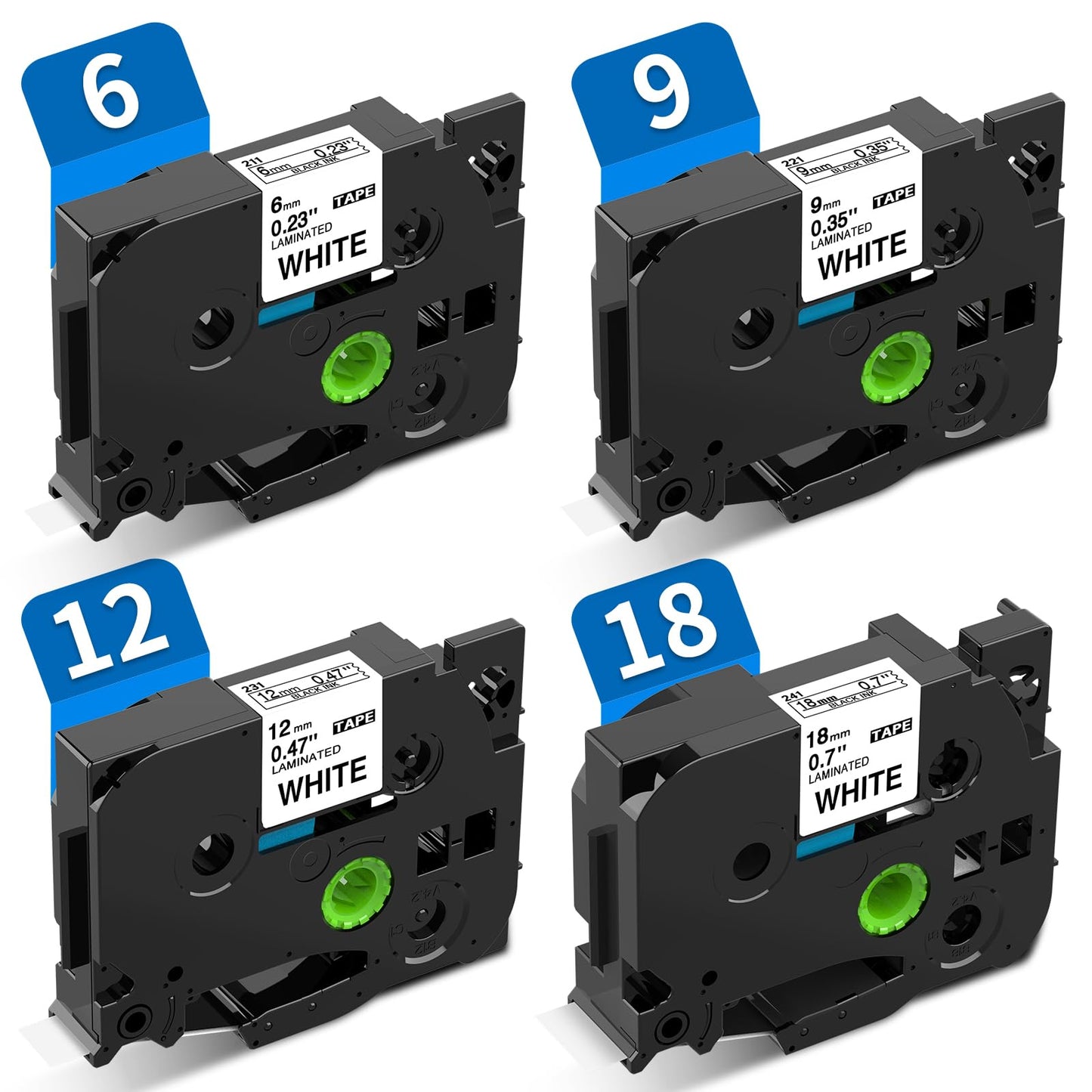 6+9+12+18mm 白地黒文字 Pタッチ テープカートリッジ ラミネート 各サイズ TZe-211 TZe-221 TZe-231 TZe-241 PTラベルプリンター用 8M ASprinte 4個セット,ブラザーBrotherと互換性のある ピータッチP-Touch用