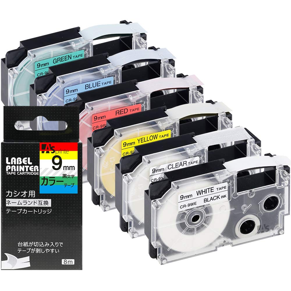 互換 ネームランド テープ 9mm カートリッジ 透明 XR-9X XR-9WE XR-9RD XR-9BU XR-9YW XR-9GN 黒文字 白赤黄青緑 強粘着 6色の1セット カシオ Casio Nameland KL-M7 KL-SP10用 ASprinte