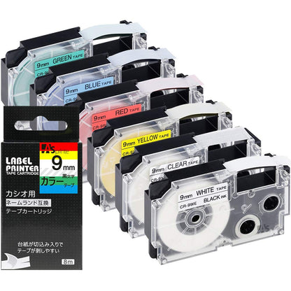 互換 ネームランド テープ 9mm カートリッジ 透明 XR-9X XR-9WE XR-9RD XR-9BU XR-9YW XR-9GN 黒文字 白赤黄青緑 強粘着 6色の1セット カシオ Casio Nameland KL-M7 KL-SP10用 ASprinte
