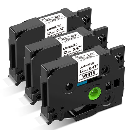 12mm 白地黒文字 ラミネート テープカートリッジ ブラザーBrotherと互換性のある ピータッチP-Touch用 TZeテープ Pタッチ TZe-231 TZe231 ラミネート 8M 3個セット白地 ASprinte