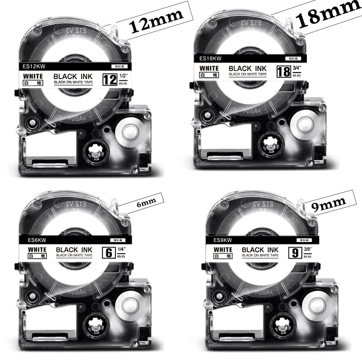ASprinte 互換 テプラ テープ 白 6mm 9mm 12mm 18mm カートリッジ SS6KW SS9KW SS12KW SS18KW 互換キングジム テプラPRO Kingjim Tepra ラベルライターに使用 SR170 SR-MK1 SR-GL2 SR2500P 4個