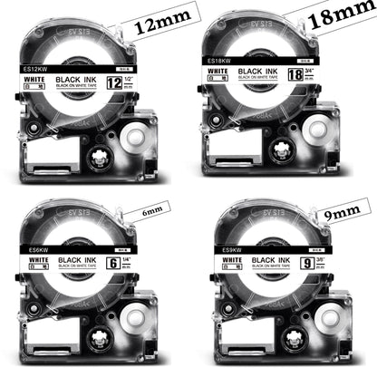 ASprinte 互換 テプラ テープ 白 6mm 9mm 12mm 18mm カートリッジ SS6KW SS9KW SS12KW SS18KW 互換キングジム テプラPRO Kingjim Tepra ラベルライターに使用 SR170 SR-MK1 SR-GL2 SR2500P 4個