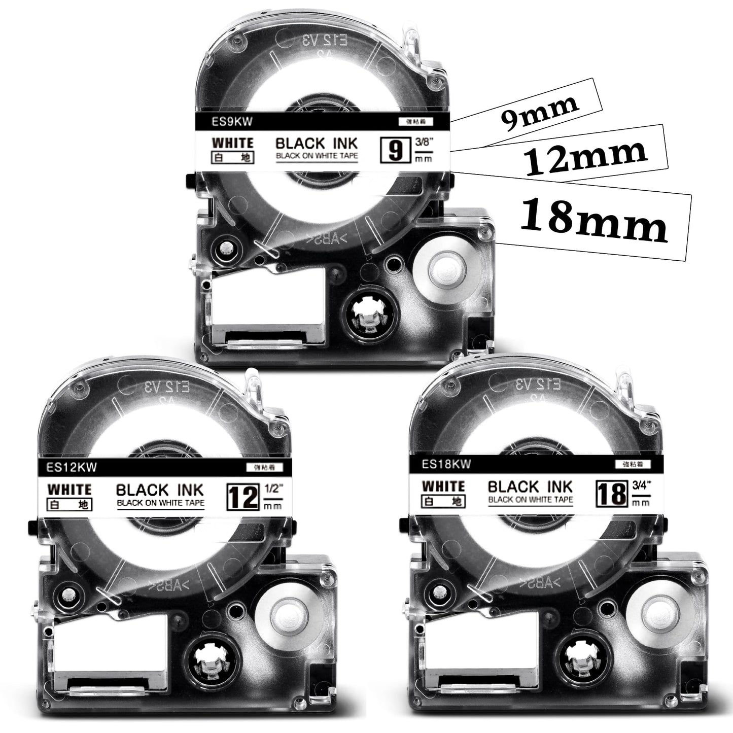 強粘着 9mm 12mm 18mm 白 互換 テプラ テープカートリッジ SS9KW SS12KW SS18KW キングジム テプラPRO Kingjim Tepra用 強力黒文字 ラベルライターに使用 SR170 SR150AE SR5900P 3個セット ASprinte