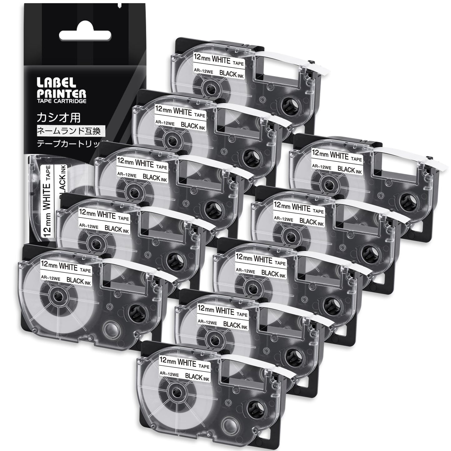 12mm 白地黒文字 CR-12WE テープカートリッジ と互換性のある カシオ CASIO ネームランド テープ 12 (XR-12WE) 白 黒文字 10個セット ASprinte