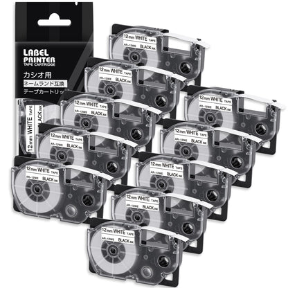 12mm 白地黒文字 CR-12WE テープカートリッジ と互換性のある カシオ CASIO ネームランド テープ 12 (XR-12WE) 白 黒文字 10個セット ASprinte