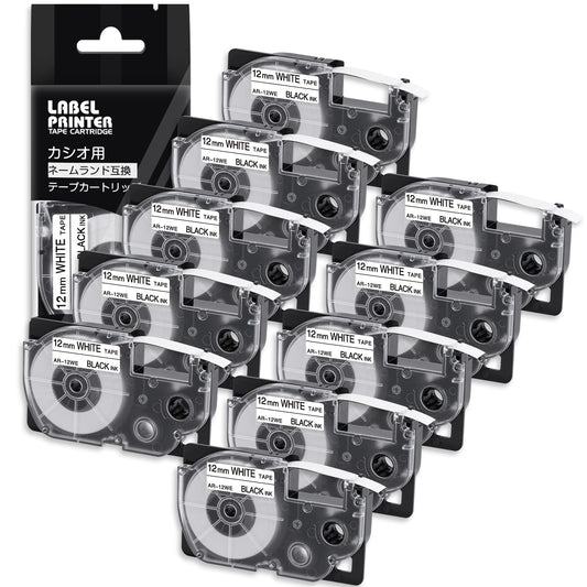 12mm 白地黒文字 CR-12WE テープカートリッジ と互換性のある カシオ CASIO ネームランド テープ 12 (XR-12WE) 白 黒文字 10個セット ASprinte