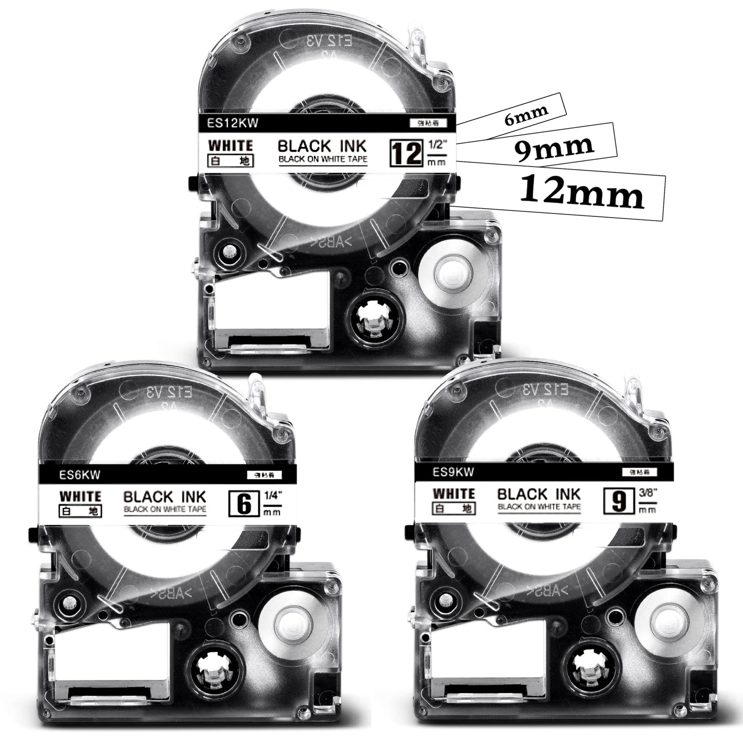 ASprinte 互換 テプラ テープ 白 12mm 9mm 6mm キングジム テプラ カートリッジ SS12KW SS9KW SS6KW Kingjim Tepra テプラ PRO SR170 SR530 SR170AM 用 てぷらーテープ 強粘着 黒文字 3個セット