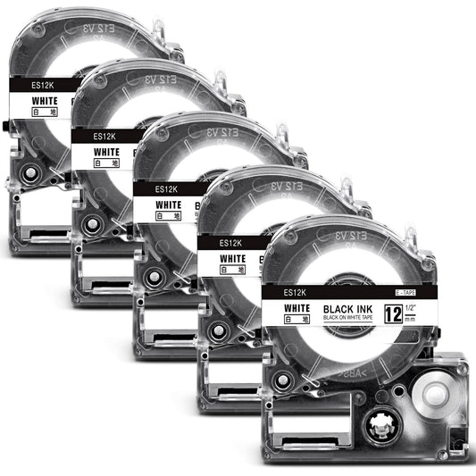 互換テプラ 12mm 白 テプラPRO テープカートリッジ 5個 キングジム テプラ テープ SS12K 白ラベル/黒文字 長さ8m てぷらーテープ Kingjim テプラpro ラベルライター用 SR170 SR-MK1 SR-R2500P SR750