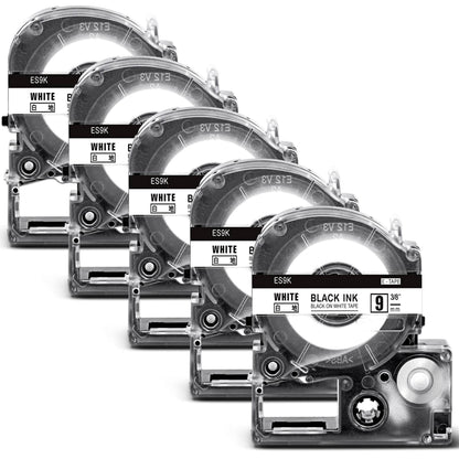 5個 9mm 白地黒文字 ES9K テープカートリッジ と互換性のある テプラ テープ 白 黒文字 (SS9K) キングジム Kingjim tepra テプラpro ラベルライター用 sr150 sr170 sr750 sr5900p 8M ASprinte