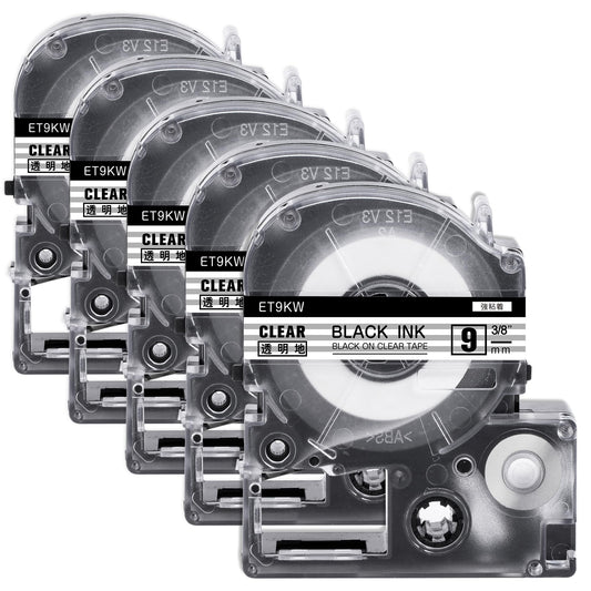 5個 互換 テプラ テープ9mm 透明地黒文字 ET9KW と互換性のある キングジム テプラ テープカートリッジ テプラPRO Kingjim tepra用 (ST9KW) 8M ASprinte